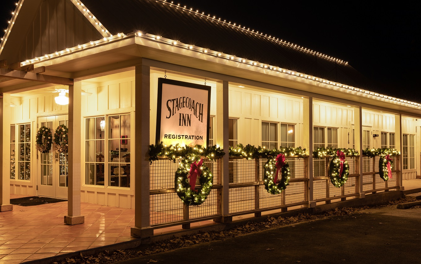 Stagecoach Inn registration building decorated with Christmas lights